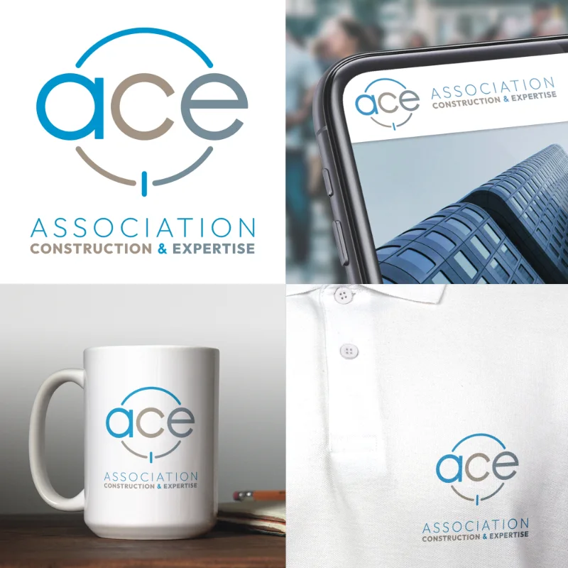 Mockups pr&eacute;sentant le logo et l'identit&eacute; visuelle de l'ACE (Association Construction & Expertise) sur une tasse et un textile
