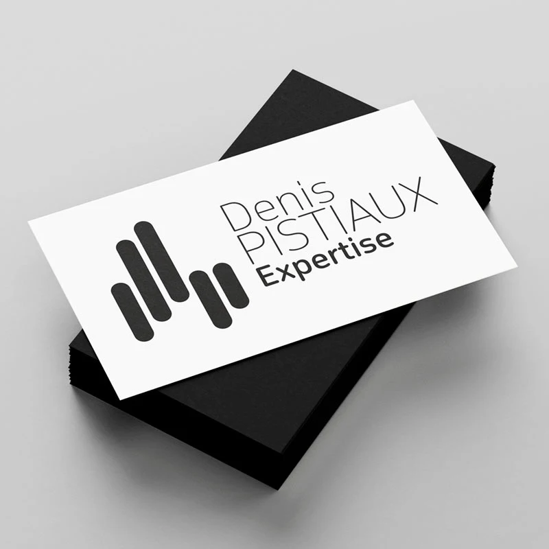 Carte de visite en noir et blanc pour Denis Pistiaux Expertise avec un logo graphique compos&eacute; de barres verticales