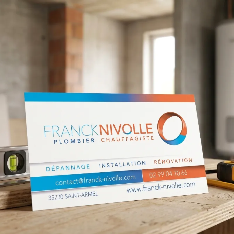 Carte de visite pr&eacute;sentant le logo et l'identit&eacute; visuelle de Franck Nivolle, plombier-chauffagiste (Saint-Armel)