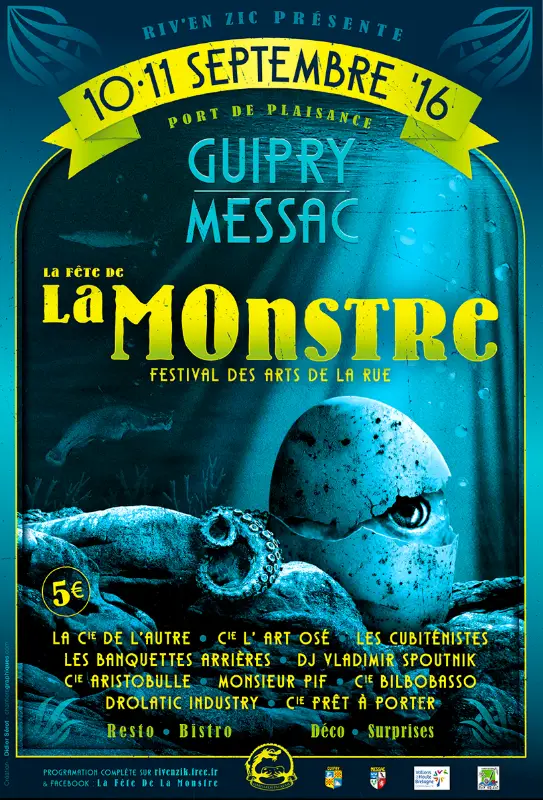 Affiche bleue de La F&ecirc;te de la Monstre &agrave; Guipry-Messac avec une cr&eacute;ature fantastique sous-marine
