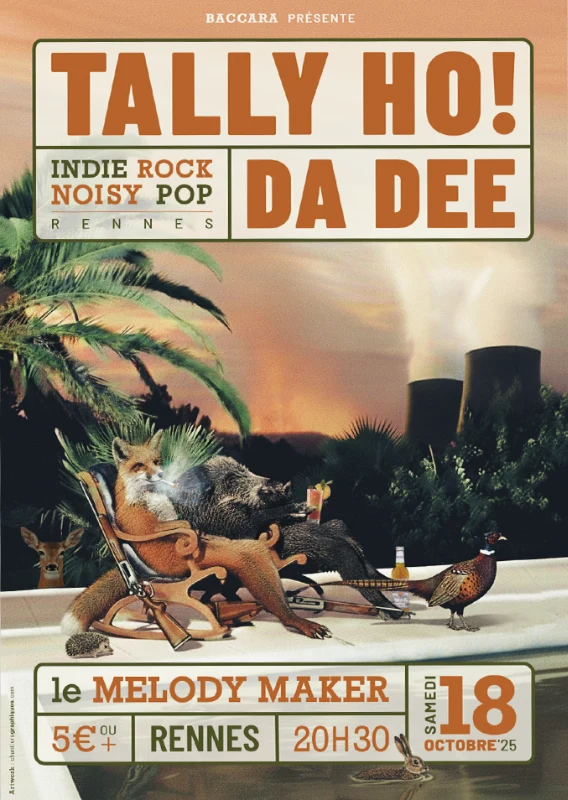 Affiche de concert vintage pour Tally Ho! et Da Dee au Melody Maker &agrave; Rennes avec des animaux sauvages au bord d'une piscine