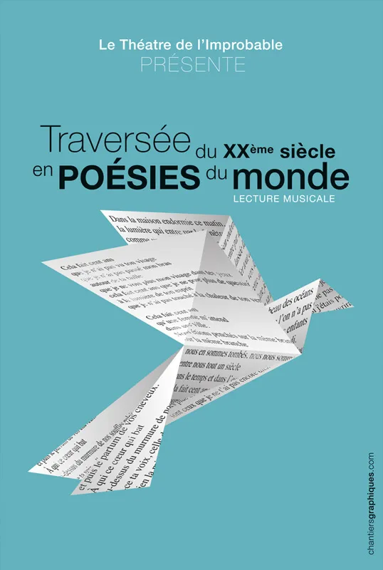 Affiche bleue du spectacle Travers&eacute;e du XX&egrave;me si&egrave;cle en po&eacute;sies du monde avec un oiseau en origami imprim&eacute; de texte