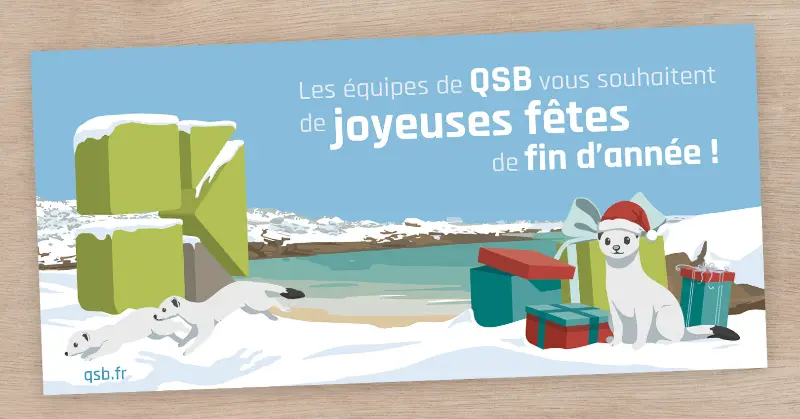 Carte de v&oelig;ux illustr&eacute;e de QSB avec des hermines et paquets cadeaux dans un paysage enneig&eacute;