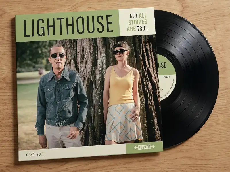Pochette de disque vinyle 33 tours du groupe Lighthouse pos&eacute;e &agrave; c&ocirc;t&eacute; de son vinyle noir sur une surface en bois