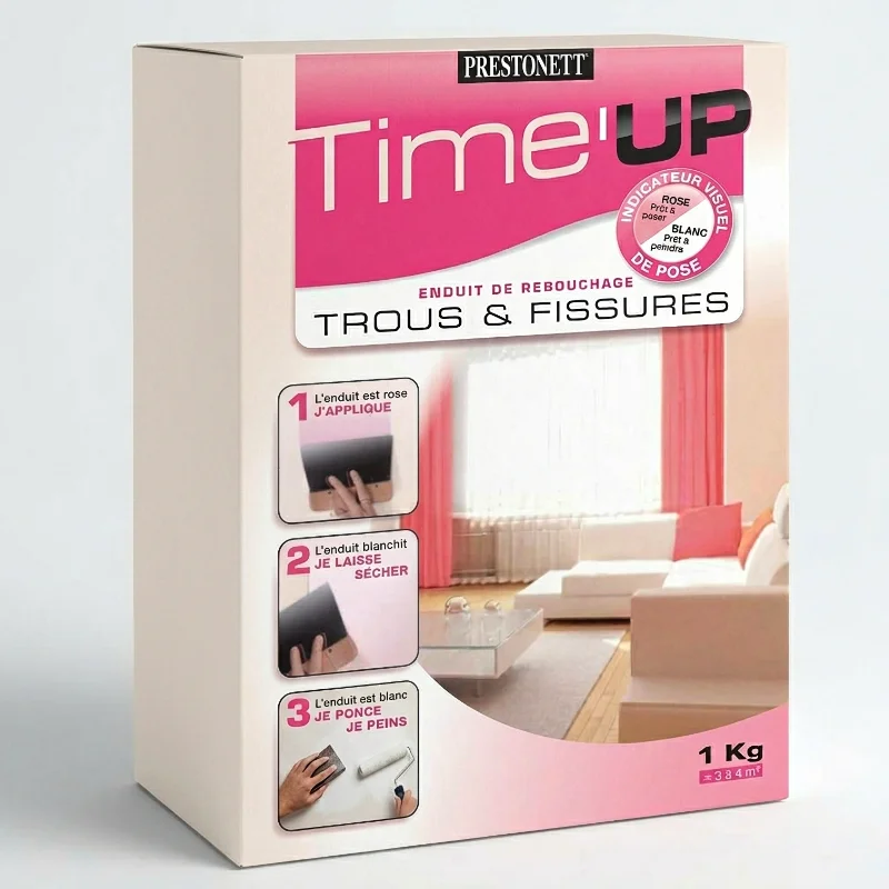 Maquette 3D de bo&icirc;te d'enduit de rebouchage Prestonett Time'UP rose et blanche