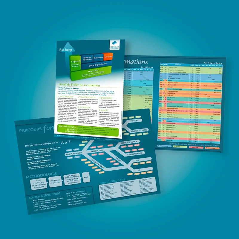 Couverture, tableau de programmes et sch&eacute;mas de parcours de formation sur fonds bleus