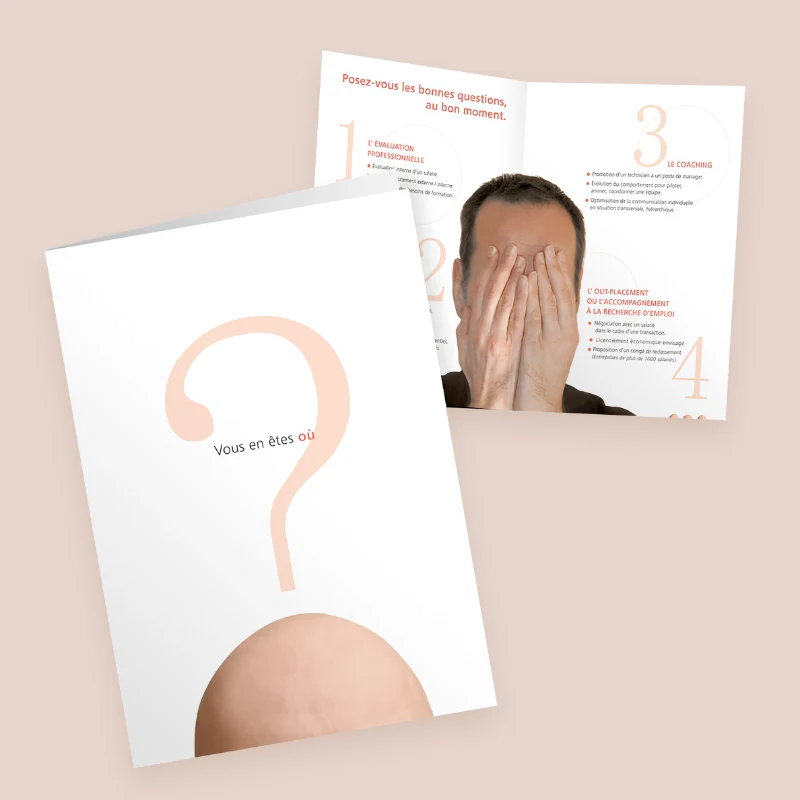 Couverture avec point d'interrogation rose et double page int&eacute;rieure d'une plaquette pour Catalys Conseils