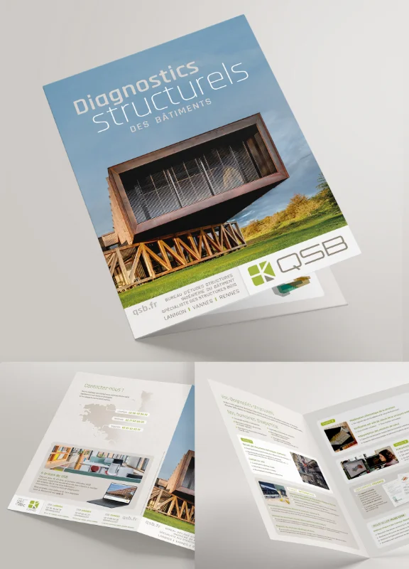 Couverture et double page int&eacute;rieure de la plaquette Diagnostics Structurels pour la soci&eacute;t&eacute; QSB