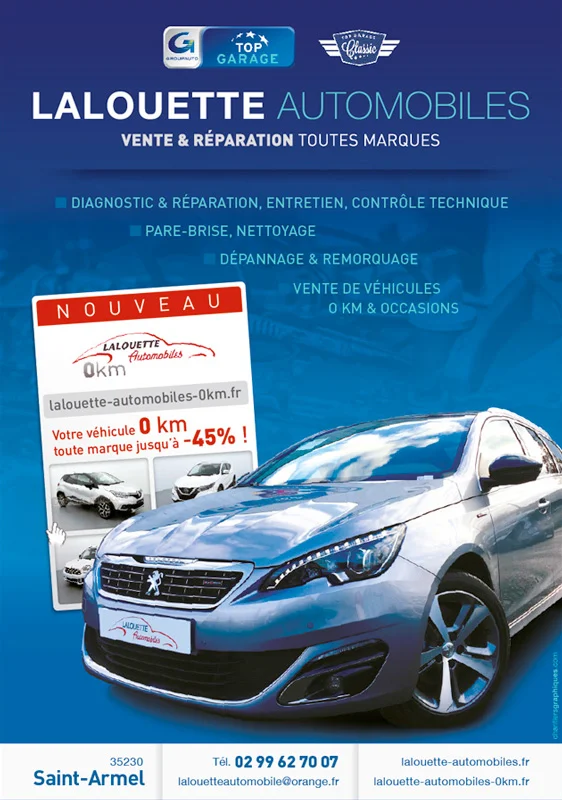 Affiche bleue Lalouette Automobiles pr&eacute;sentant une voiture Peugeot grise et un encart tarifaire